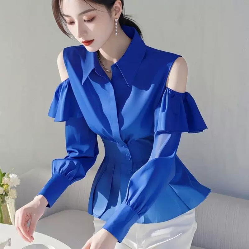 Women Formal Wear Stitching - Camicetta blu royal con spalle scoperte